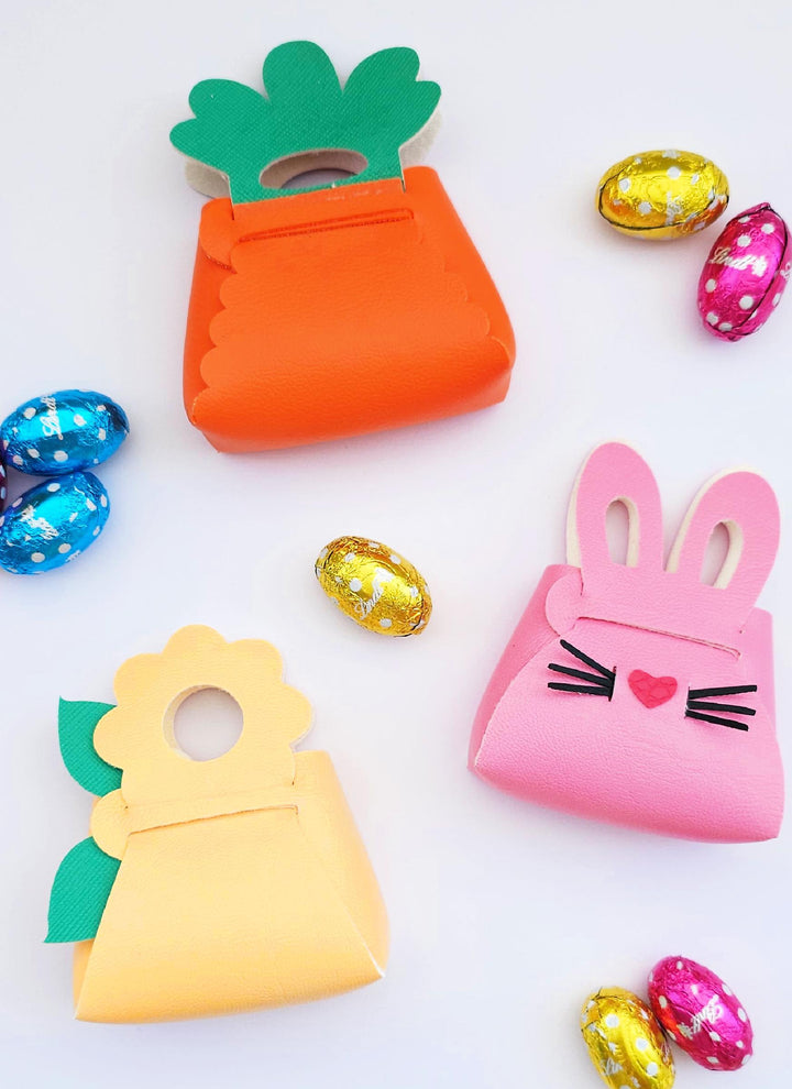 Easter Purse SVG Bundle, Bunny Carrot Flower Treat Holder, No Sew Faux Leather Mini Bag Template for Cricut