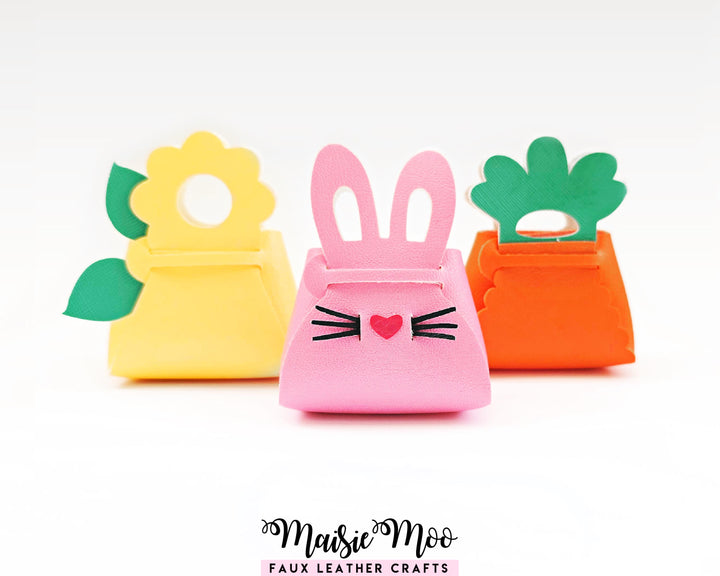 Easter Purse SVG Bundle, Bunny Carrot Flower Treat Holder, No Sew Faux Leather Mini Bag Template for Cricut