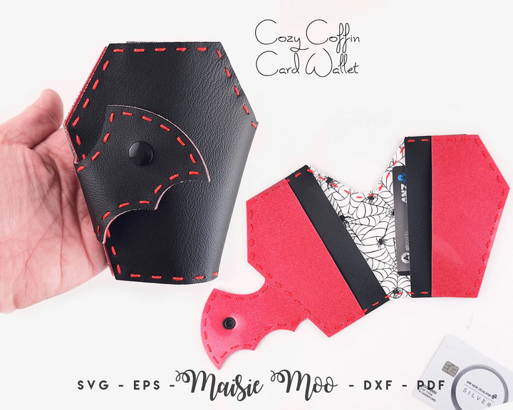 Cozy Coffin Card Wallet design, part of the Halloween Easy Stitch bundle, showcasing faux leather craftsmanship and spooky style.