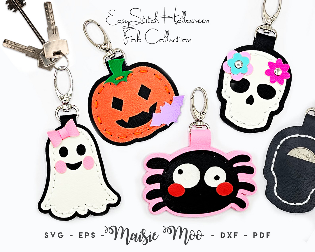 EasyStitch Halloween Collection featuring key fobs: ghost, pumpkin, skull, spider, and more for autumn crafting.