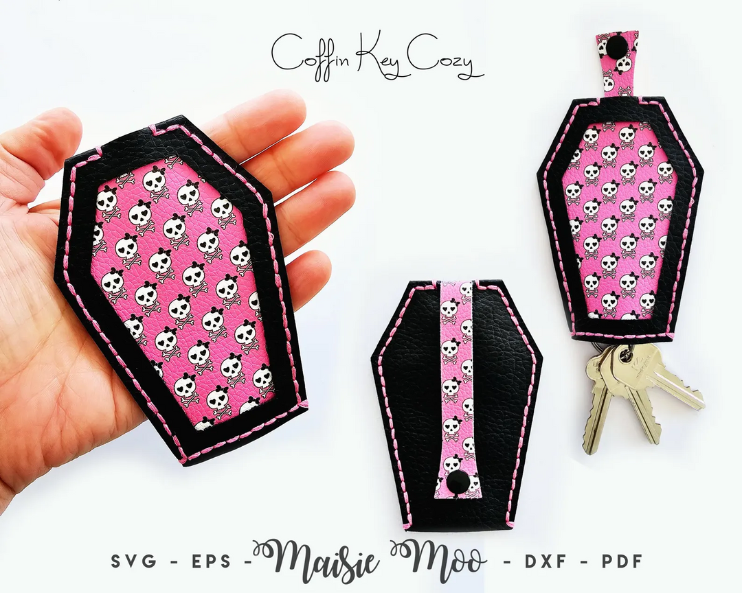 Halloween Easy Stitch bundle Coffin Key Cozy featuring pink skull design and faux leather construction.