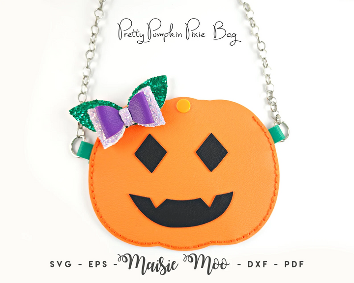 Halloween Easy Stitch bundle Pretty Pumpkin Pixie Bag design with chain and colorful bow.