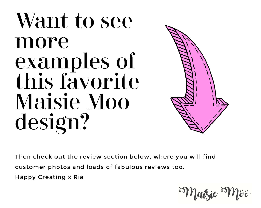 The image is a single image featuring a pink arrow pointing downwards, accompanied by text that asks the viewer to check out the review section below for more examples of this favorite design.