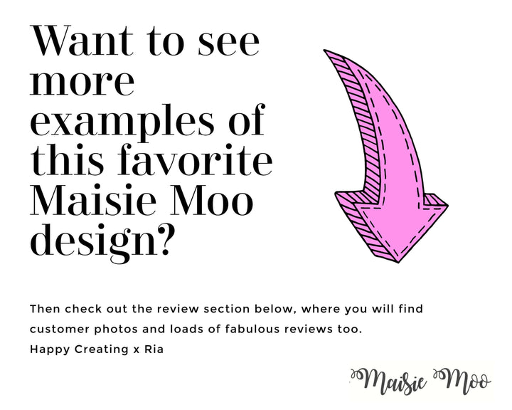 The image is a single image featuring a pink arrow pointing downwards, accompanied by text that asks the viewer to check out the review section below for more examples of this favorite design.