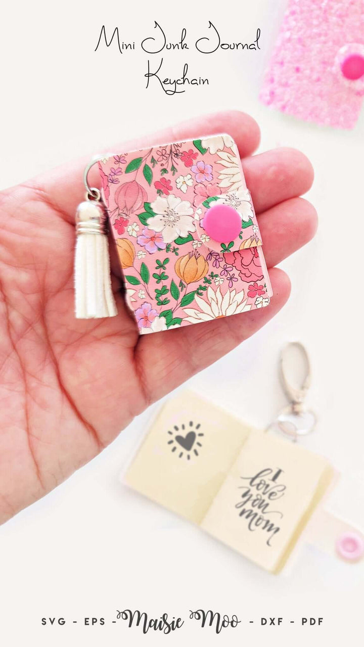 Mini Junk Journal Keychain - FREE SVG!! Faux Leather Crafts for Cricut and Silhouette by Maisie Moo Design