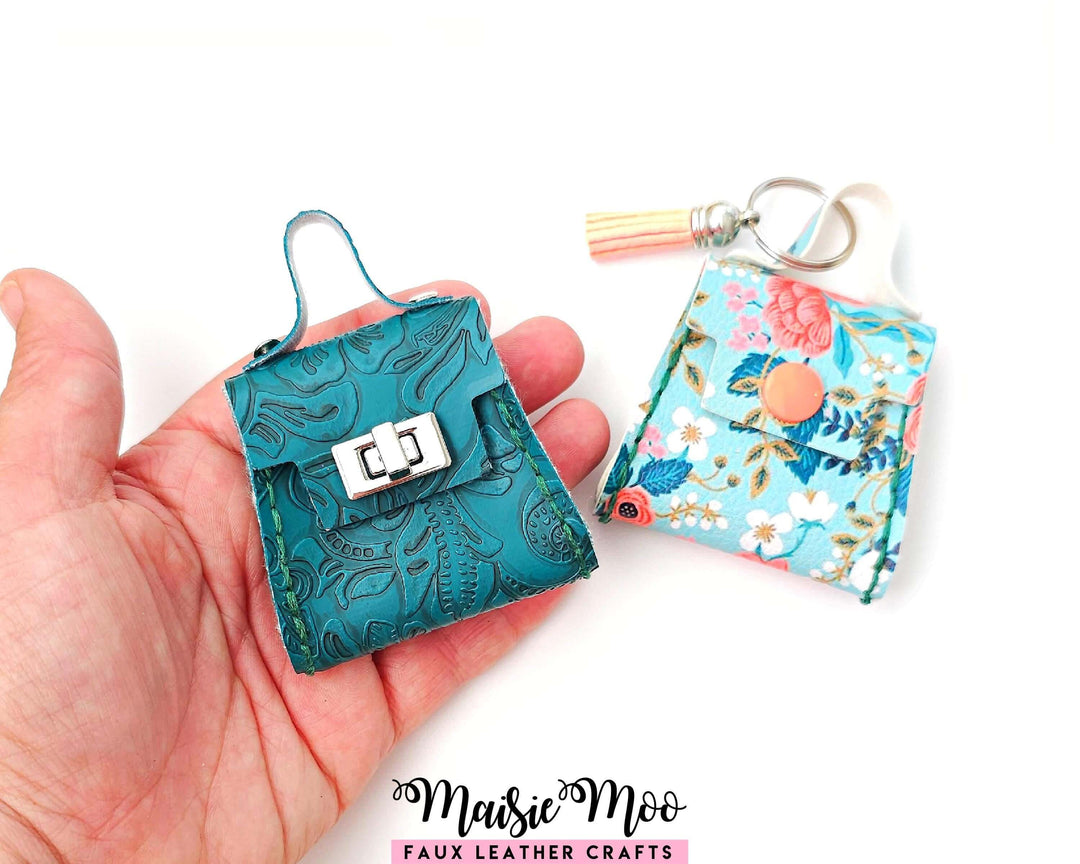 Purse Bag Charm Hand Sewing Pattern - Mini faux leather purse bag charms tutorial by Maisie Moo in hand.
