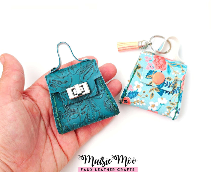 Purse Bag Charm Hand Sewing Pattern - Mini faux leather purse bag charms tutorial by Maisie Moo in hand.