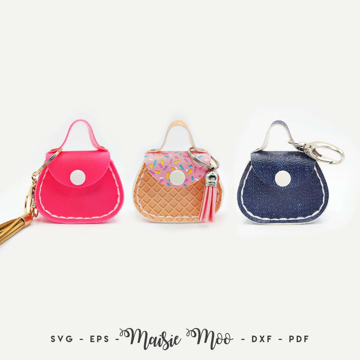Mini Round Purse Bag Charm collection featuring pink, beige, and blue faux leather bag charms.