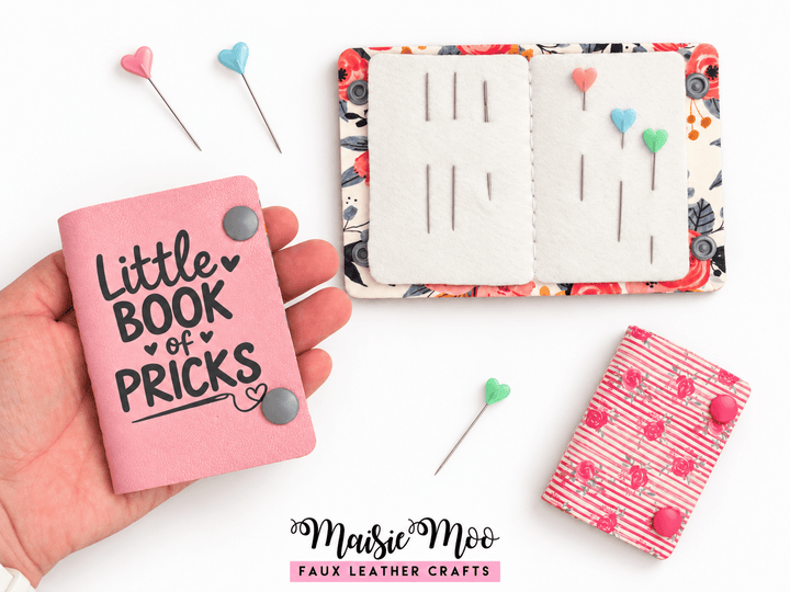 Needle Book SVG Template featuring faux leather needle holder with felt pages and decorative pins.