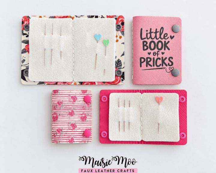 Needle Book SVG Template with faux leather and felt pages for safely storing sewing needles and pins.