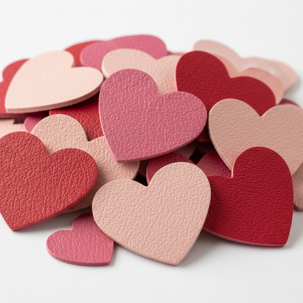 no.  a pile of pink and red hearts cut from faux leather with a white background