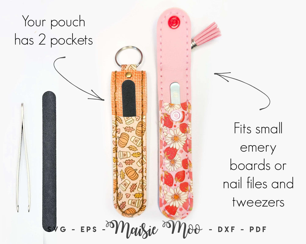 Pluck & Buff Keychain Pouch SVG, Nail File Holder Template, Tweezer Case Faux Leather Pattern, Emery Board Travel Keychain