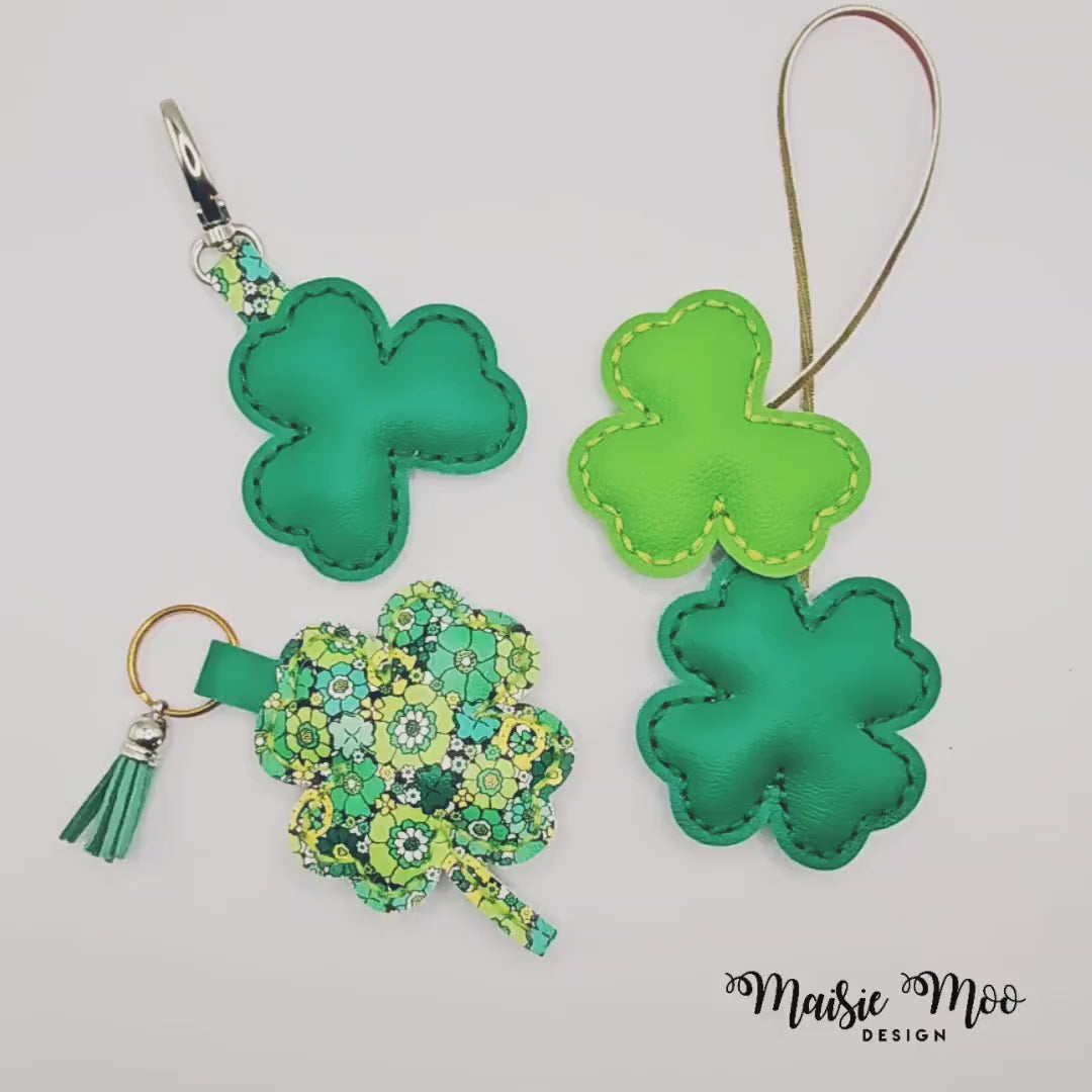 Lucky Bag Charm Key Chain SVG Pattern, Four Leaf Clover Faux Leather Bag Charm Pattern, Shamrock St Patricks Leather Bag Charm Template