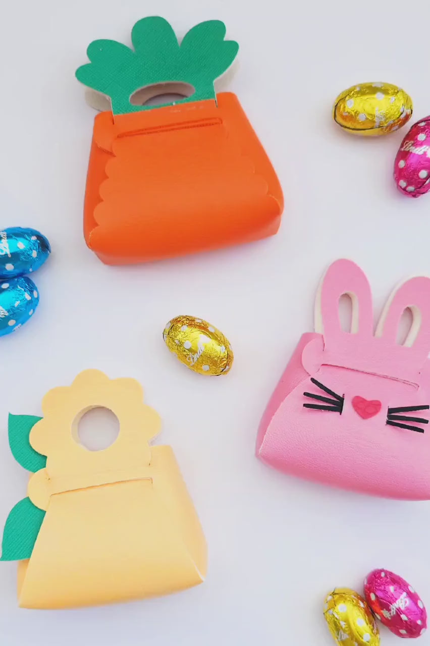 Easter Purse SVG Bundle, Bunny Carrot Flower Treat Holder, No Sew Faux Leather Mini Bag Template for Cricut