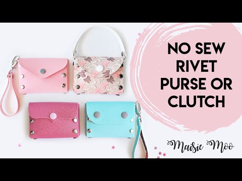 Rivet Leather Purse collection featuring no sew designs in pink and blue clutches and coin purses with rivet details.