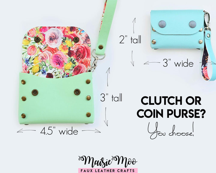 Rivet Purse design showcasing a colorful floral faux leather clutch and coin purse options with measurements.