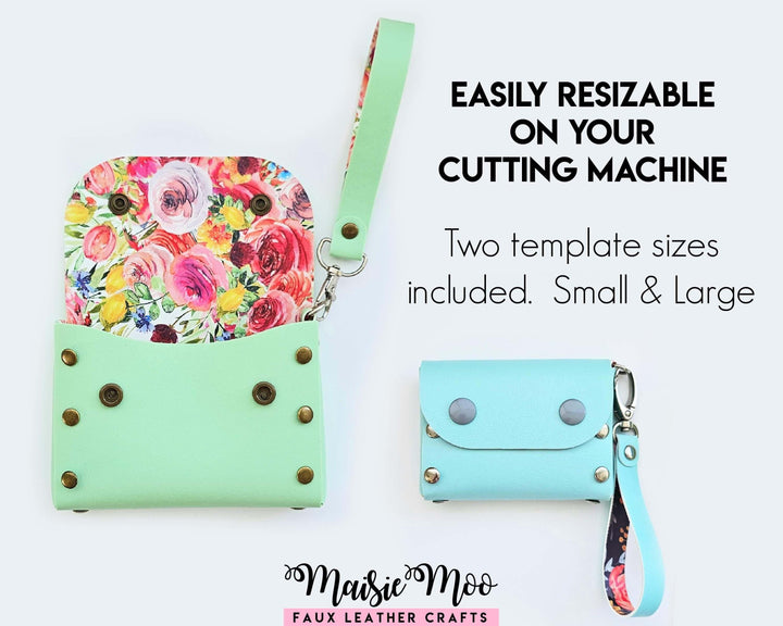 Rivet Purse in mint green and floral design, showcasing two sizes: small and large, perfect for versatile crafting.