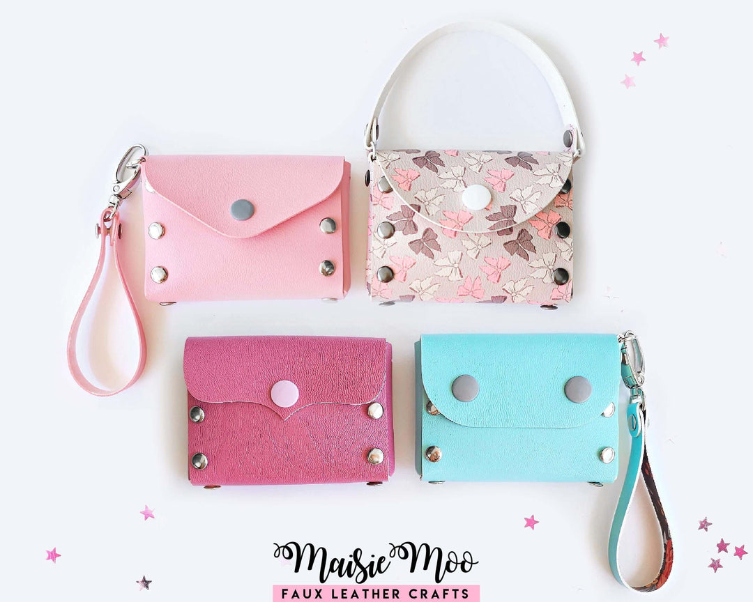 Rivet Purse collection featuring multiple styles and colors of faux leather coin purses and mini handbags.