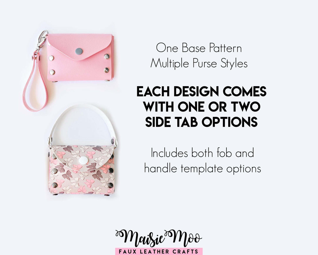 Rivet Purse in pink and floral designs showcasing versatile styles and tab options for a faux leather craft.