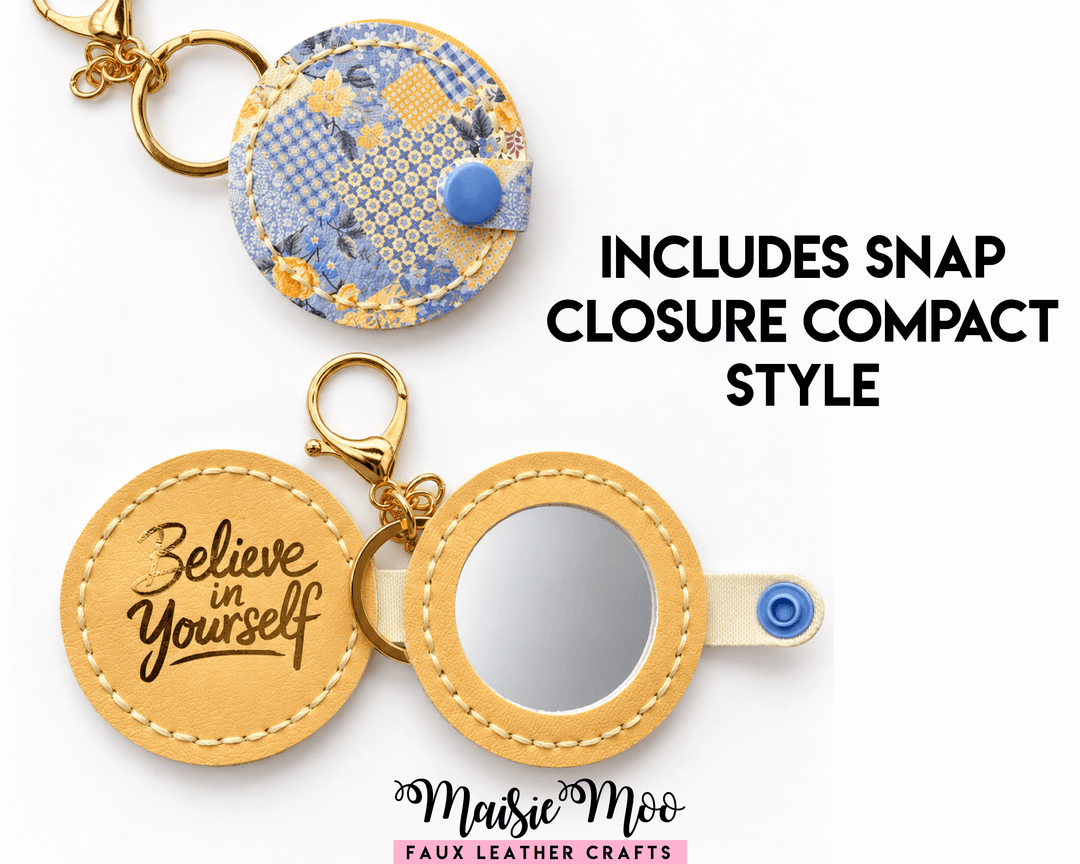 Round Compact Mirror Keychain SVG, Small Pocket Mirror Pattern with snap closure design featuring floral prints.