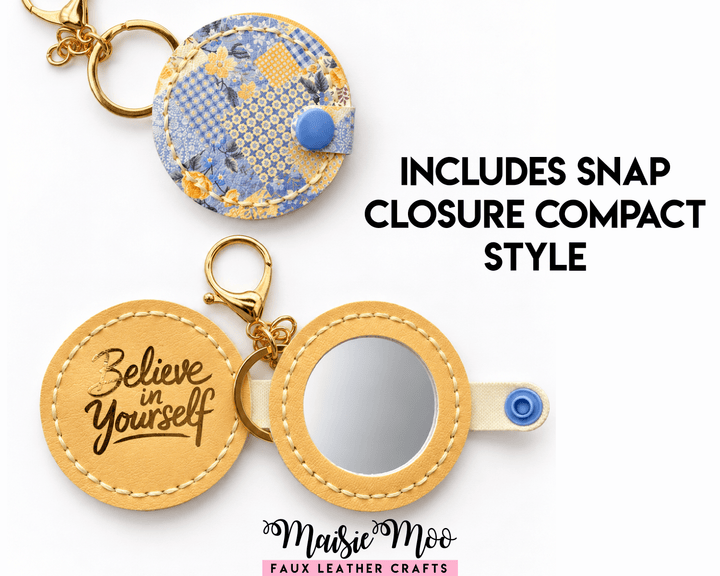 Round Compact Mirror Keychain SVG, Small Pocket Mirror Pattern with snap closure design featuring floral prints.