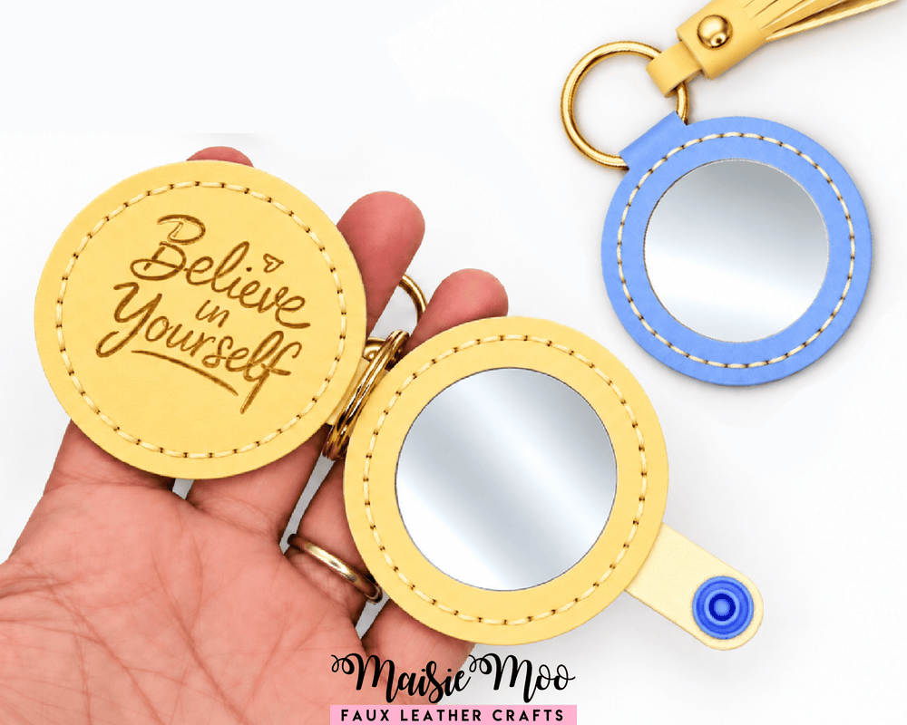 Round Compact Mirror Keychain SVG, Small Pocket Mirror Pattern featuring a yellow and blue faux leather design.