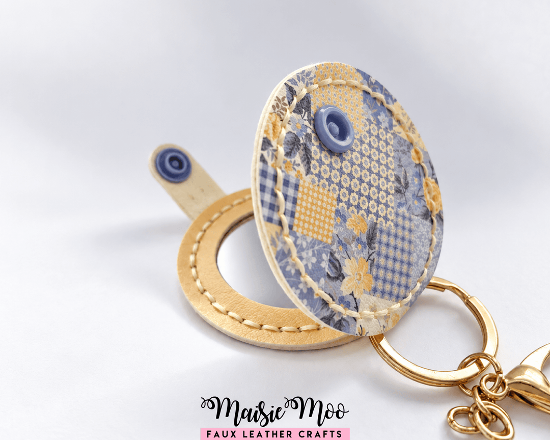 Round Compact Mirror Keychain SVG, Small Pocket Mirror Pattern with floral design and snap closure.