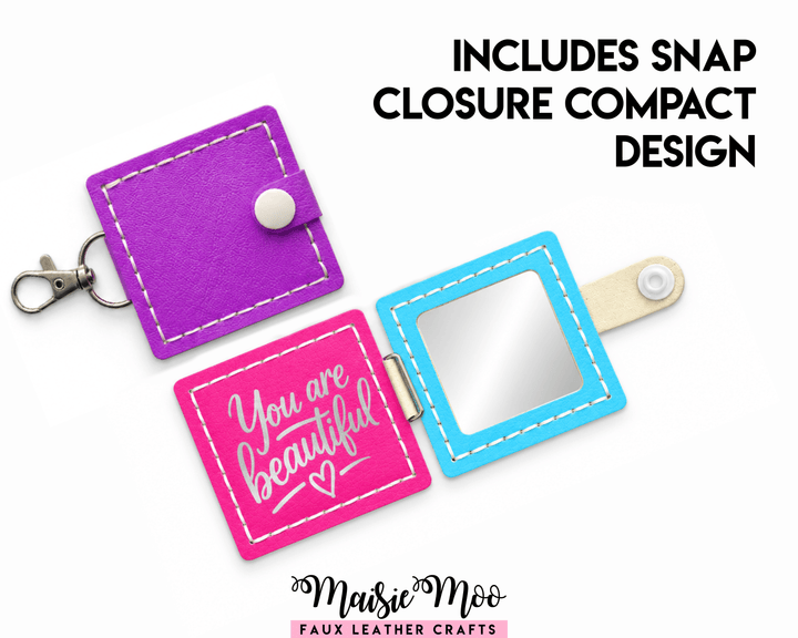 Square Compact Mirror Keychain SVG, Small Pocket Mirror Pattern with snap closure design and vibrant colors.