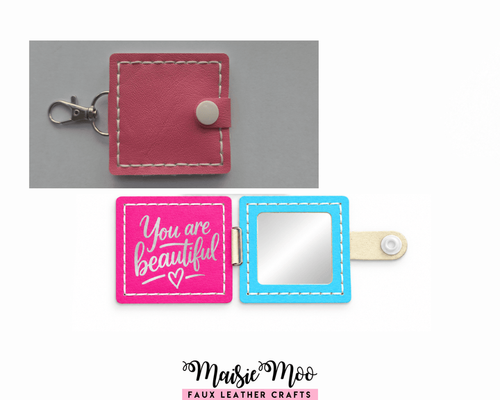 Square Compact Mirror Keychain SVG, Small Pocket Mirror Pattern with snap closure and colorful design.