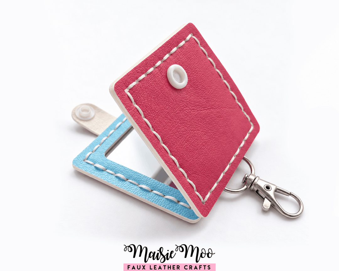 Square Compact Mirror Keychain SVG, Small Pocket Mirror Pattern, pink and blue faux leather compact mirror with snap closure.