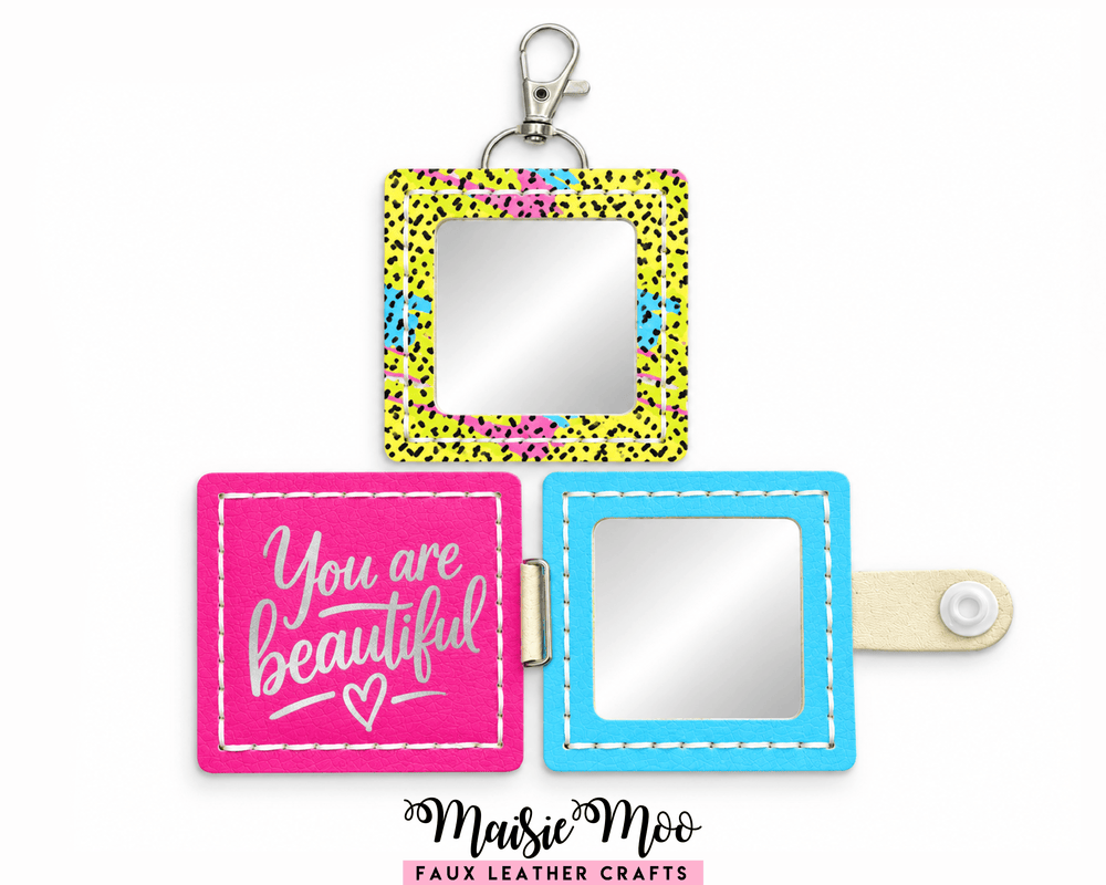 Square Compact Mirror Keychain SVG, Small Pocket Mirror Pattern featuring colorful designs and a cute message.