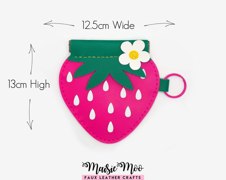 Strawberry purse SVG template faux leather design with measurements, perfect for coin pouch or kids handbag.