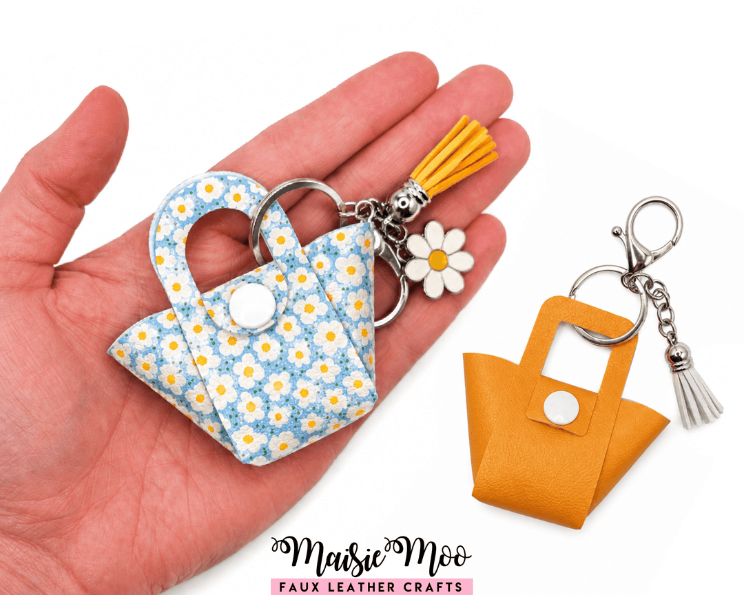 Teeny Tiny Tote Bag Charm SVG with floral design and yellow accents, ideal for keychains or bag accessories.