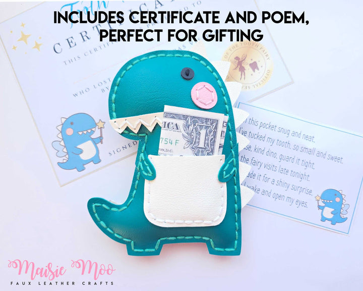 Tooth Fairy Pillow - Toothasaurus with certificate and poem, perfect for gifting.