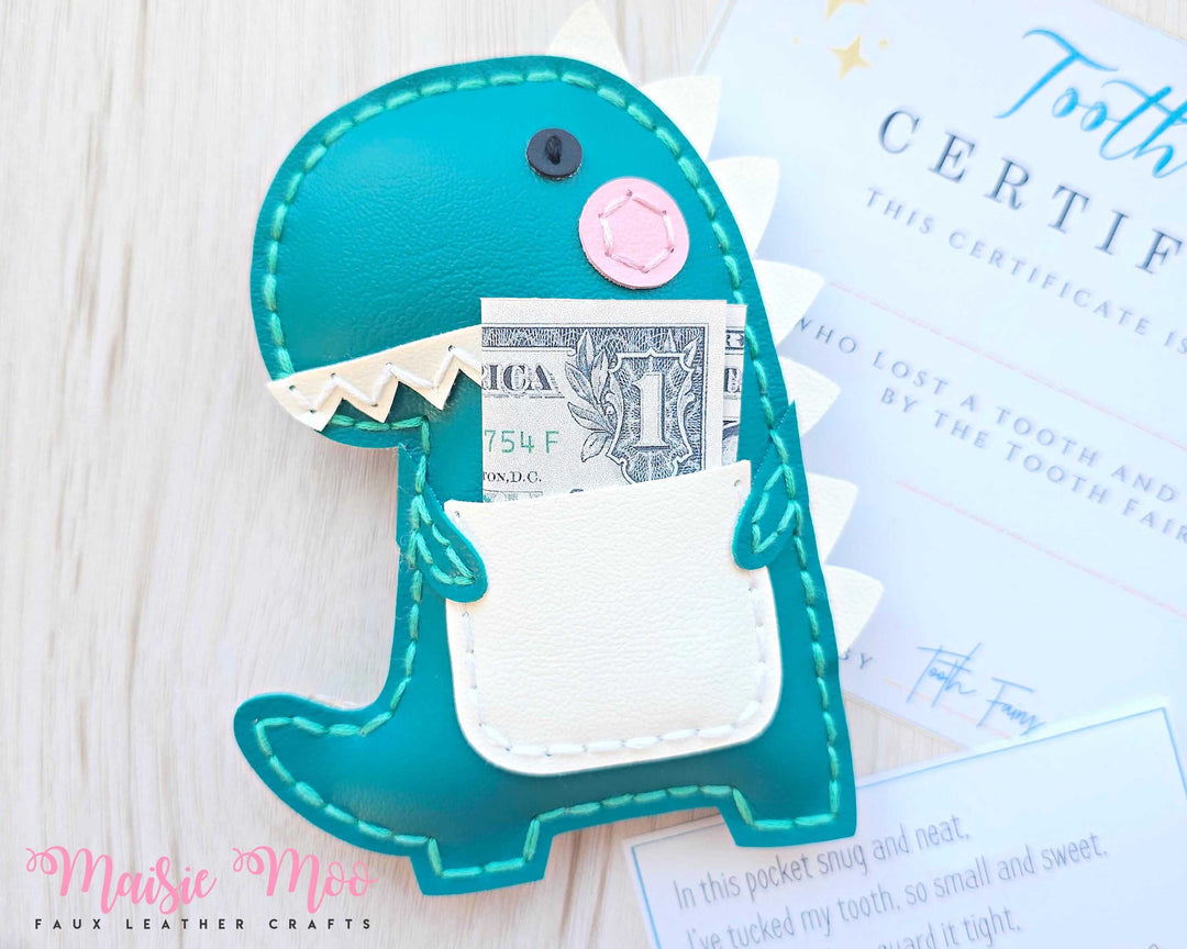 Tooth Fairy Pillow - Toothasaurus faux leather dinosaur design holding a dollar bill, perfect for lost teeth.