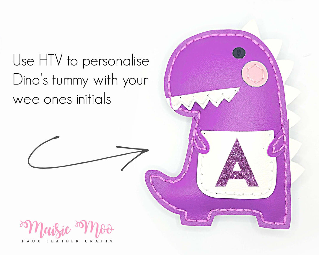 Tooth Fairy Pillow - Toothasaurus in purple faux leather with a personalized initial on Dino's tummy.