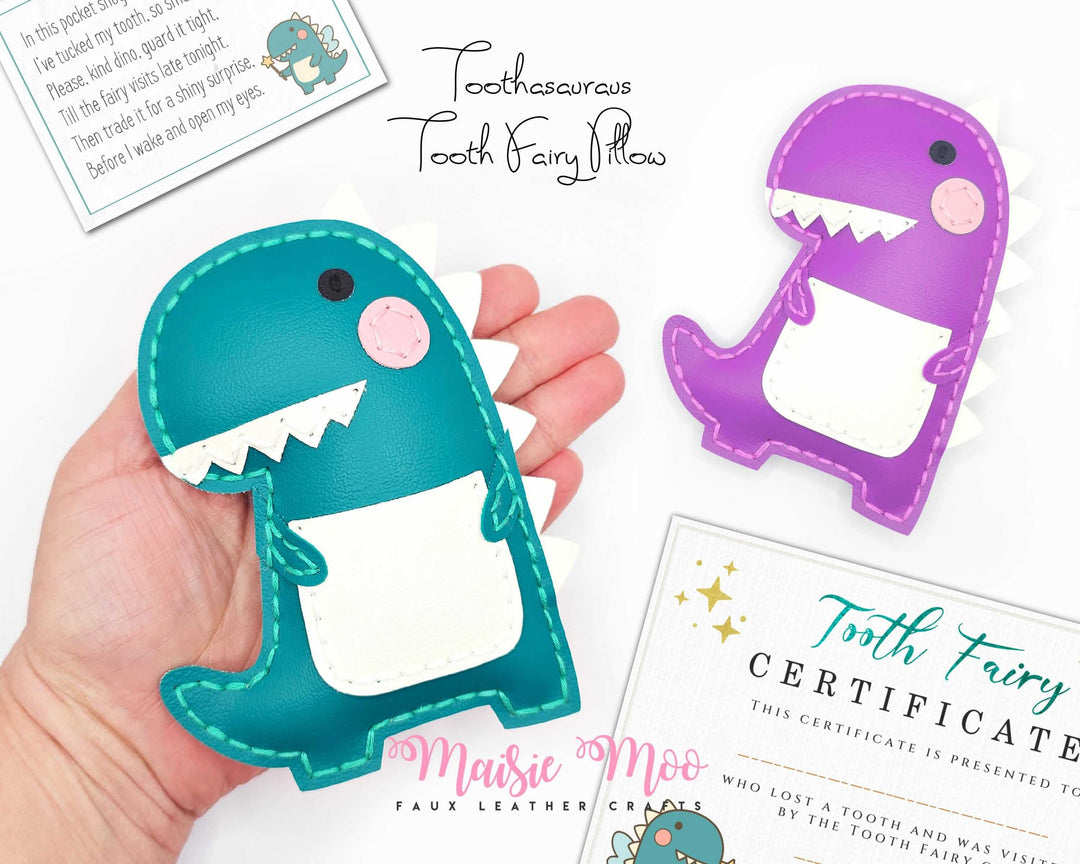Tooth Fairy Pillow - Toothasaurus in hand, featuring faux leather dinosaur design and Tooth Fairy certificate.
