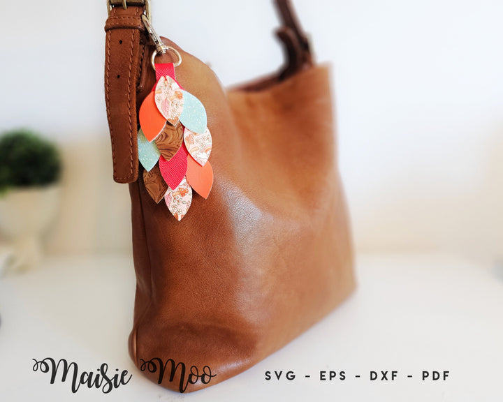 Leaf Feather Bag Charm SVG | Leaves Keychain Bag Tag Fob Template | Peacock Faux Leather Fob | Key Ring | Maisie Moo Vegan leather