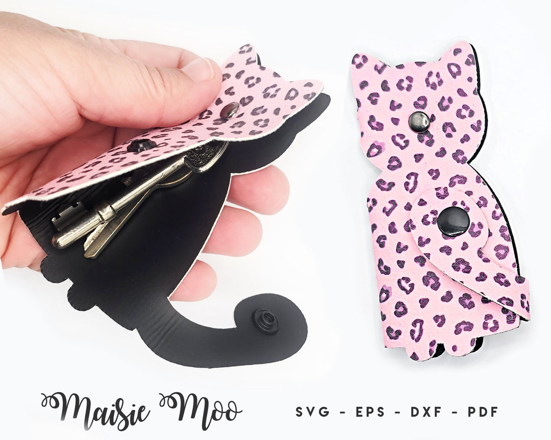 Pussy Cat Key Wrap Fob SVG | Kitty Cat Key Cover Template Keychain Bag Tag Halloween | Faux Leather Fob | Key Ring Display Card