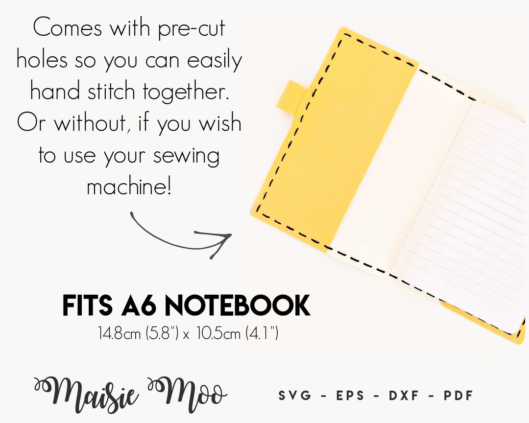 Faux Leather A6 Notebook Cover SVG Template | Hand Stitched Leather Journal Book Pouch | Notebook Sleeve Pattern PDF