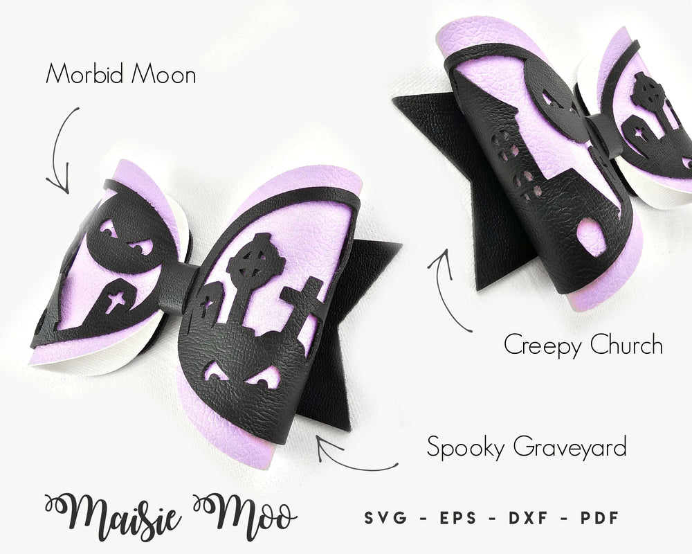 Halloween Hair Bow Template | Graveyard Bow SVG | Gothic Faux Leather Bow | Maisie Moo Vegan leather