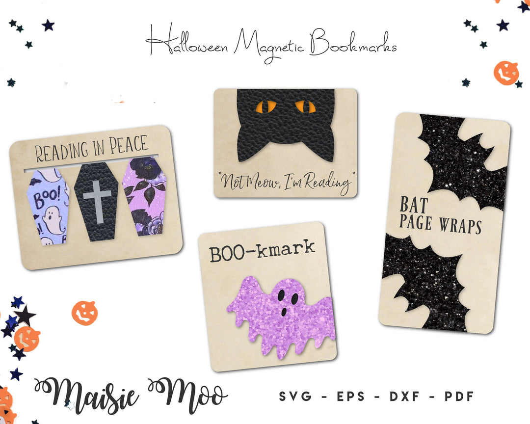 Halloween Magnetic Bookmark SVG, Page Keeper Template, Book Lover Gift, Cat, Bat, Coffin, Ghost Faux Leather Crafts Cricut Cut Files