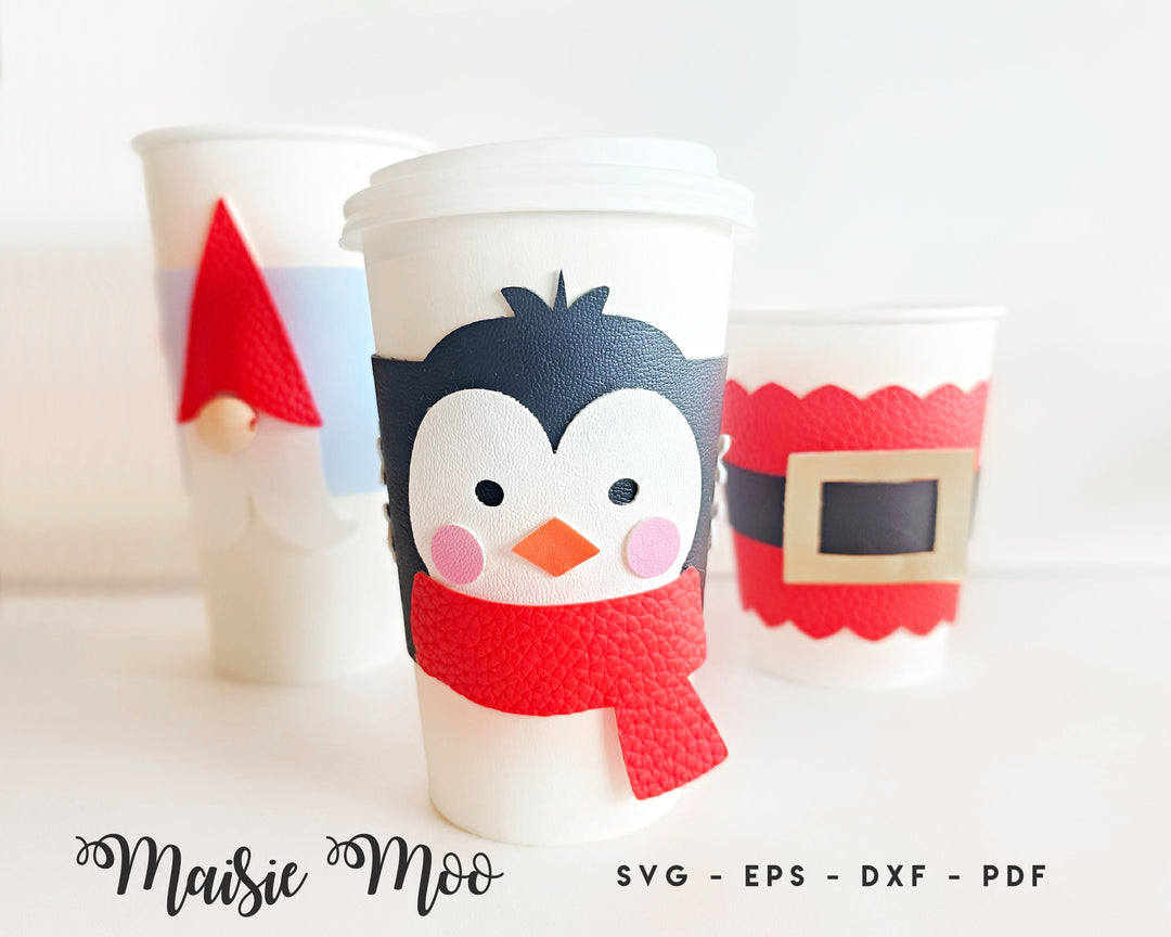 Christmas Cup Cozy SVG, Penguin, Santa, Gnome Coffee Cup Sleeve Template, Cup Display Card SVG, Coffee Cup Wrap Wrapper Faux Leather