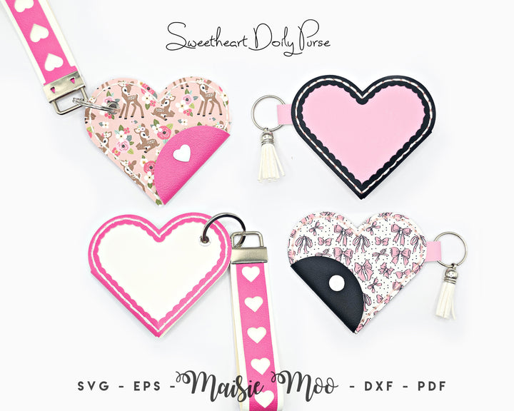 Heart Coin Purse SVG, Doily Valentine Keychain Coinpurse Template, Wristlet Fob Faux Leather Keyring, Cricut Cut Files Maisie Moo