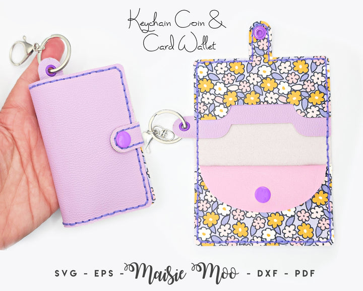 Keychain Coin and Card Wallet SVG Pattern | Folded Pocket Wallet SVG Template Sewing Pattern | Hand stitched Faux Leather Coin Maisie Moo