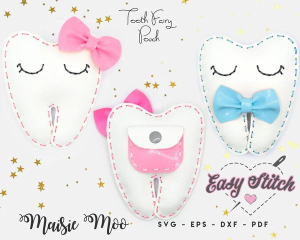 Three tooth-shaped dolls embellished with bows and heart designs