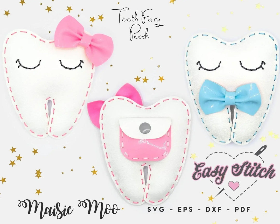 Three tooth-shaped dolls embellished with bows and heart designs