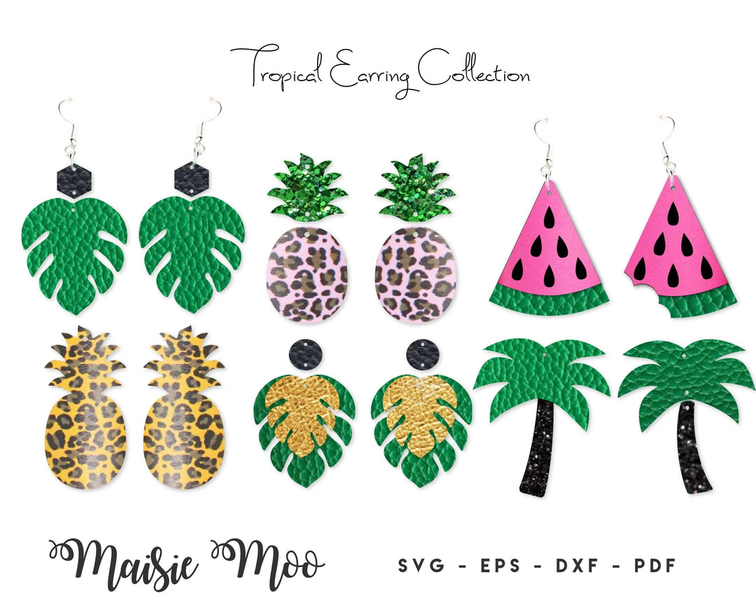 Tropical Summer Earring SVG | Faux Leather Beach Earring Templates | Monstera Palm Tree Watermelon Pineapple Cricut Earring SVG |